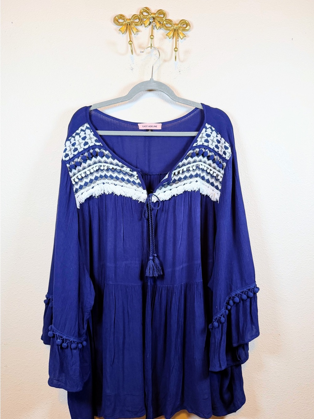 East Adeline Luxe Blue Embroidered Boho Tunic Open Kimono w/Tassel Closure. 4X